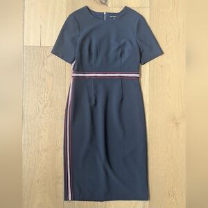 Maggy London |  Jewel Neck Sheath Navy Dress With Red & White Trim